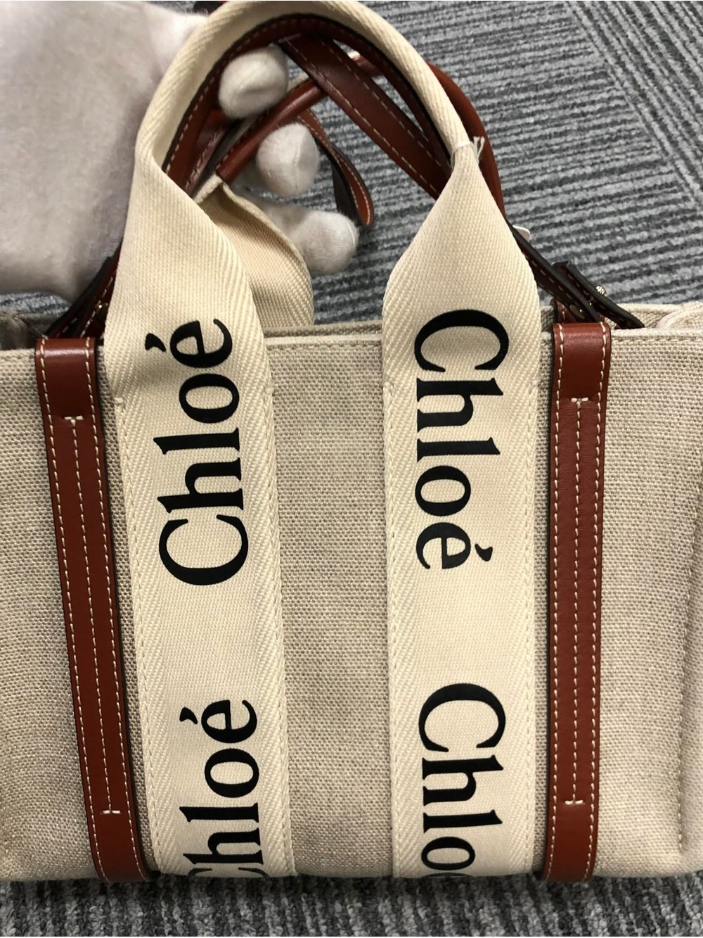 Chloé Canvas Crossbody Tote with Brown Leather Trim and Logo Straps